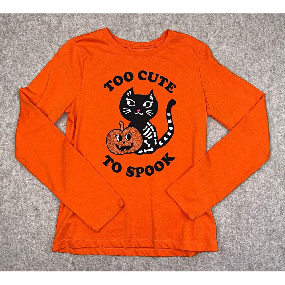 Way to Celebrate! Girls XL (14/16) Orange Long Sleeve Black Cat Halloween Tee